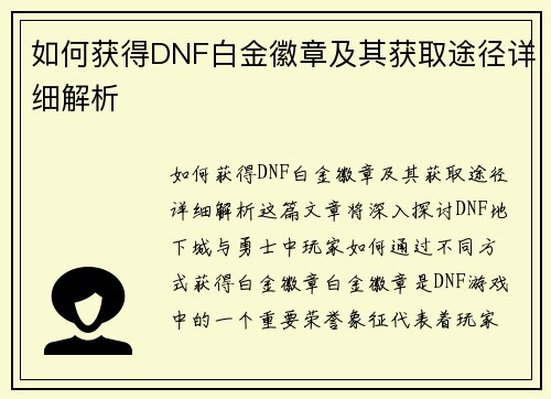 如何获得DNF白金徽章及其获取途径详细解析